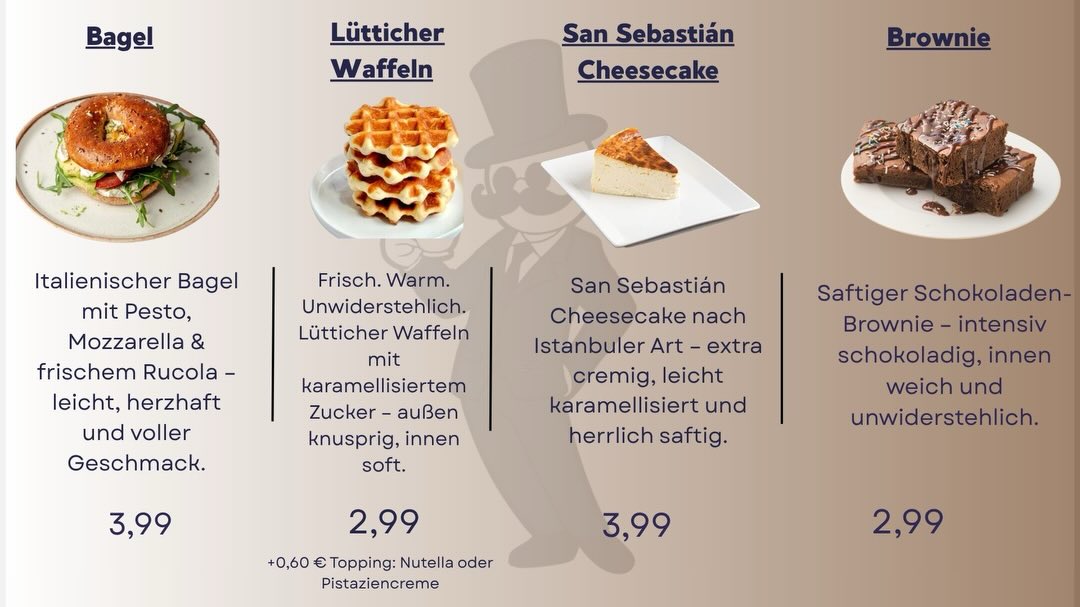 Sugarino Karte mit Bagel, Lütticher Waffeln, San Sebastián Cheesecake und Brownie